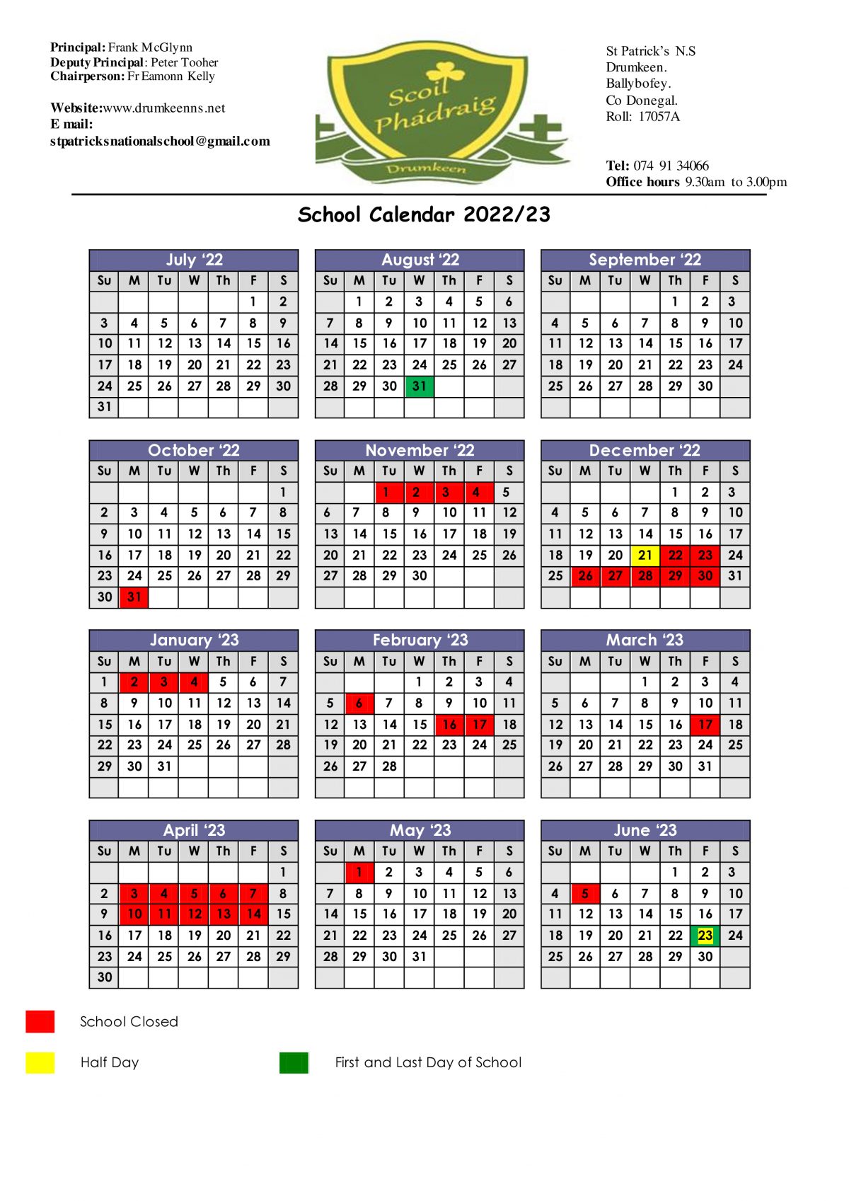 School Calendar 2022/2023. St.Patricks National School Drumkeen