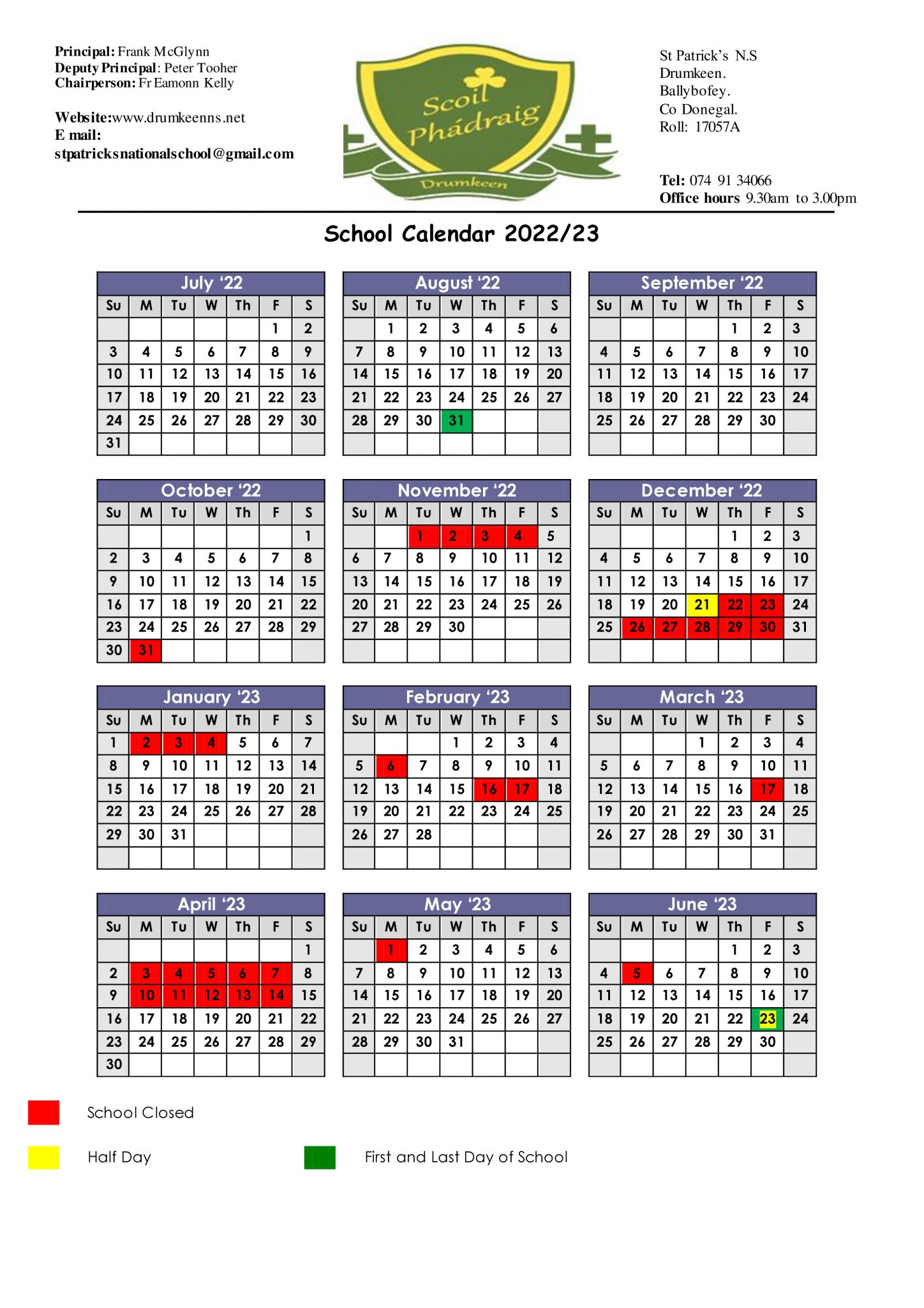 School Calendar 2022/2023. St.Patricks National School Drumkeen